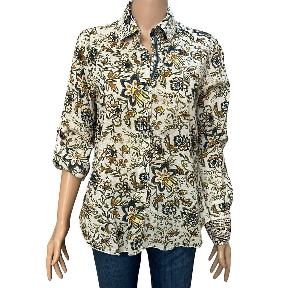 Cino Floral Button Down Shirt Small Roll Tab Sleeve White Multi Boho Cotton
